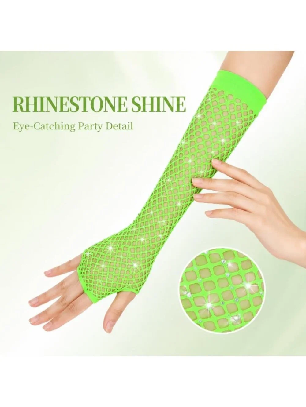 Women's Green Long Fishnet Fingerless Gloves Nylon Rhinestone 80s Party Cosplay